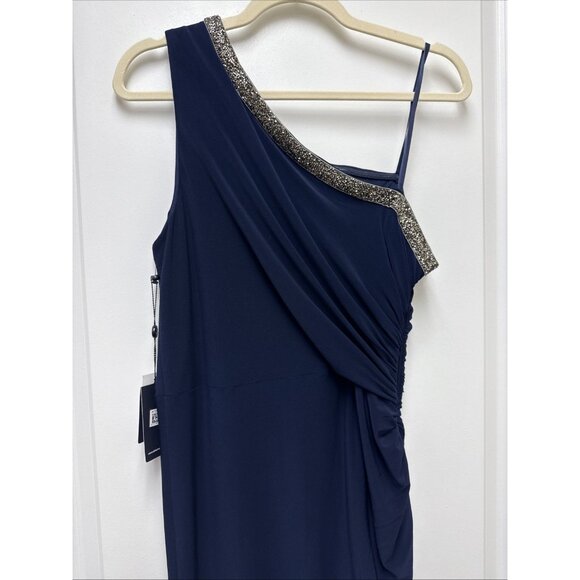 Adrianna Papell Size 12 Navy Blue EMBELLISHED One Shoulder Jersey Gown Dress NWT - Picture 6 of 12